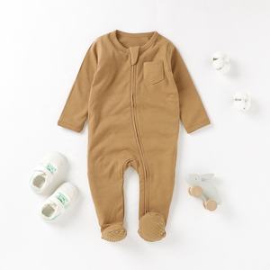 Jumpsuit bayi katun organik 100%, Romper bayi pola cetak Solid rajut bergaris - Product Image 3