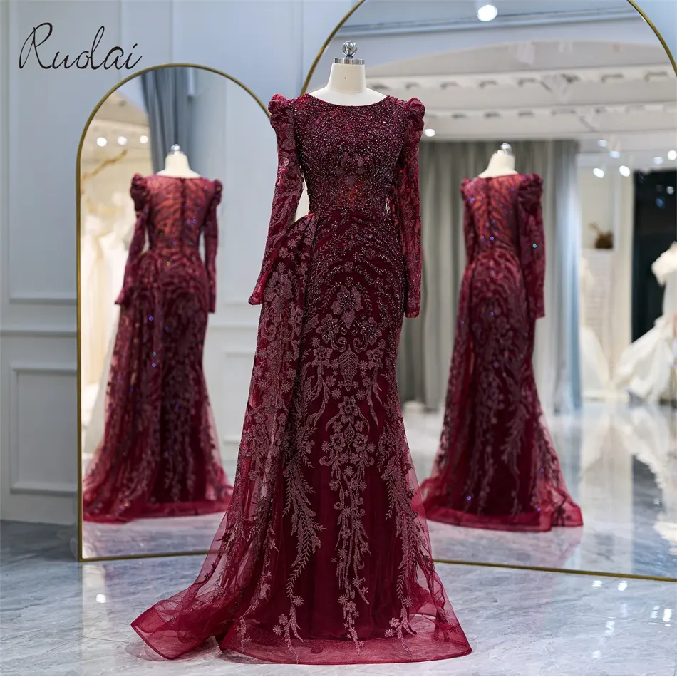 Ruolai LWC8129 Luxury Evening Dress Beaded Crystal Long Sleeve Scoop Neck Mermaid Prom Dress 2022 robe de soiree Party Dresses