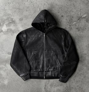 Streetwear Oversized Cotton <strong>Black</strong> Duck Waxed Canvas Hoodie Padded Quilted Mechanic Workwear Custom Mens Jeans Work Denim <strong>Jacket</strong> - Product Image 1