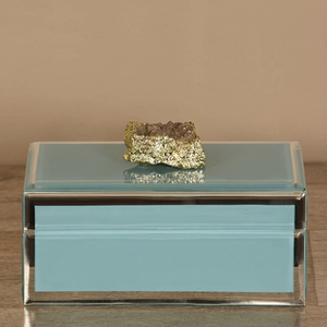 Light <b>Blue</b> Glass Jewelry Storage Box with Natural Stone Accent Gold Detail Beveled Edges and Soft Finish - Product Image 1