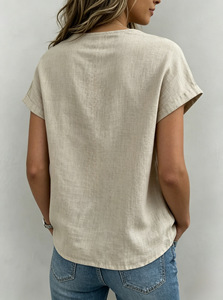 Camicie Vintage Semplici in Cotone e Lino per Donne, Camicie a Maniche Corte con <span class=keywords><strong>Colletto</strong></span> in Cotone, Collo Tondo, Tinta Unita, Bluse Casual - Product Image 3