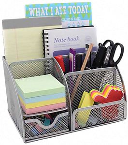 <b>Office</b> Supplies Multi-functional Stationery Storage 5 Compartments Black Metal Mesh Desk Organizer for Pencil Pen Holder - Product Image 1