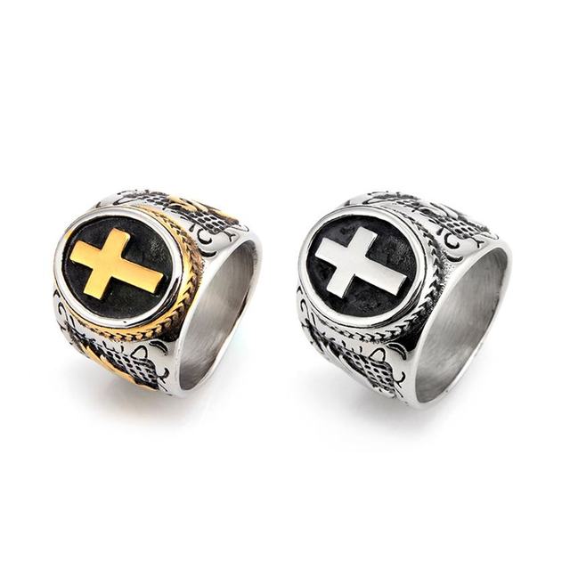 Hit Men's Vintage Gold Cross Stainless Steel Rings Chunky Unfading HipHop Style Black Dripping Oil Jewelry Fashionable & Stylish