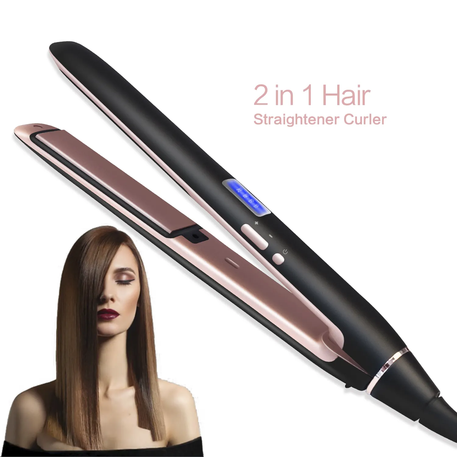 Alisador de cabelo 2 em 1, modelador de cabelo de titânio, profissional, de uso em salão de beleza, ondulador e ferro reto