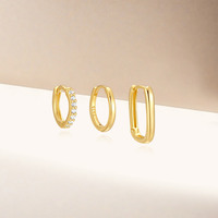 Boucles d'oreilles créoles en argent 925 pour usage quotidien, plaqué or 18 carats, classiques, sans perçage, faciles à porter, avec zircon, lot de 3 pièces