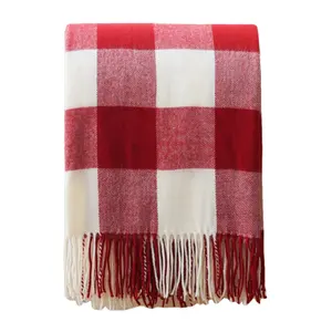 Soft Throw Checkered Wool Blanket Tassel Cozy Throw Blanket Woven Red White Black Plaid Shawl with Tassels for Women