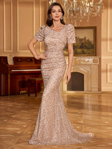 غير متناظرة الرقبة الفاخرة أنيقة طويلة فقاعة الأكمام الرسمي حفلة موسيقية/حزب المرأة الترتر حورية البحر مساء اللباس مع الخصر Ruched - Product Image 3