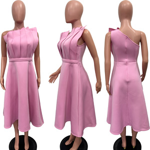Primavera 2024 Roupas Femininas Nova Chegada Venda Quente Sexy Slope Neck Cintura Alta Sem Mangas Vestido De Festa Solto - Product Image 2