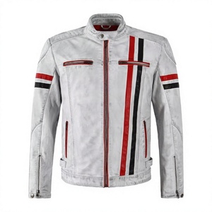 <b>White</b> Cafe Racer Leather <b>Jacket</b> <b>Mens</b> Retro Striped Motorcycle <b>Jacket</b> Zip Front Stand Collar Vintage Biker Riding Coat - Product Image 1