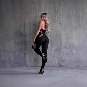 2025 été femmes décontracté Yoga combinaison col bas serré sans manches licou taille haute couleur unie maigre résille combishorts - Product Image 5