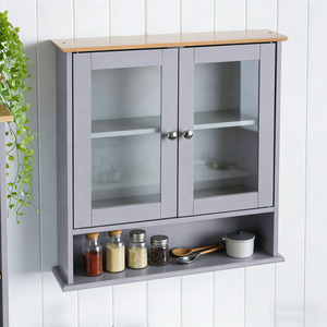 Mobiletto Moderno da Parete per <span class=keywords><strong>Cucina</strong></span> e Bagno con Ante a Specchio, Ripiano Aperto, Top in Legno, Organizzatore Salvaspazio - Product Image 1