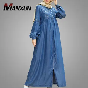 Fashion Denim Abaya Plus Size Beaded Long Sleeve Islamic Clothing High Quality Jean Muslim Maxi Dress Dubai Abaya