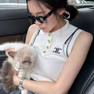 Débardeur en maille à col polo pour <span class=keywords><strong>femme</strong></span>, coupe ajustée, <span class=keywords><strong>brodé</strong></span>, <span class=keywords><strong>sans</strong></span> manches, pour l'été, style décontracté, viscose/polyester respirant - Product Image 1