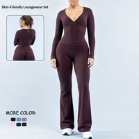 Nouvel ensemble de sport 2 pièces : haut de yoga uni doux pour la peau effet seconde peau, séchage rapide, respirant, col en V, manches longues et pantalon