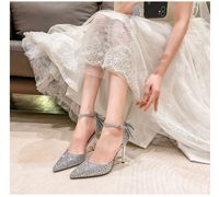 Chaussures à talons hauts de luxe pour femmes, escarpins de mariée, nœud papillon pailleté, bout fermé, talons fins pour toutes les saisons