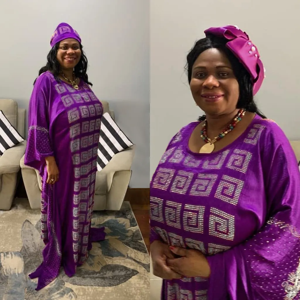 Amazon Hot Sales African Women Silk Dress Round Neck Bat Sleeve Robe with Turban Dress