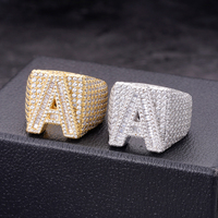 Bague en argent 925 plaqué or blanc, sertie de micro-pavés de moissanite, lettres initiales en diamant, style hip-hop, 26 lettres