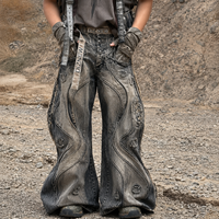 DiZNEW Jeans personnalisés pour hommes, style streetwear, délavé effet boue, avec panneaux ondulés, déstructurés, coupe baggy, jambe large, denim, style urbain