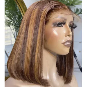 Hd Lace Frontal Wig For Black Women,Wholesale Bone Straight Peruvian Double Drawn Bob Wigs,Glueless Short Bob Human Hair Wigs