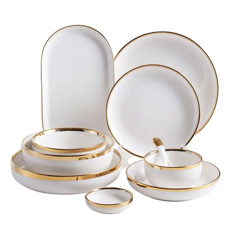 2-8 orang Hadiah Set Nordic Ins mewah dilapisi emas Rim mangkuk piring sup sendok keramik peralatan makan Set