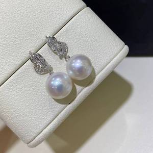 wholesale fine Jewelry S925 <b>Silver</b> Leaf Zircon Freshwater Pearl Dangle <b>Earrings</b>, 10-11mm Round White Pearl <b>Drop</b> <b>Earrings</b> - Product Image 4