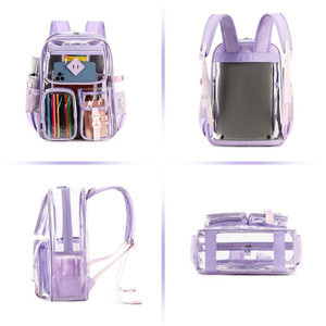 Transparent Pvc <b>Backpack</b> 18 In With Multiple Pockets For School Education Unisex Light Purple - Product Image 5
