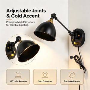 Lampada da Parete Nera Regolabile, <span class=keywords><strong>Applique</strong></span> Industriale con <span class=keywords><strong>Braccio</strong></span> Orientabile e Accenti Dorati per Camera da Letto, Studio, Ufficio - Product Image 3