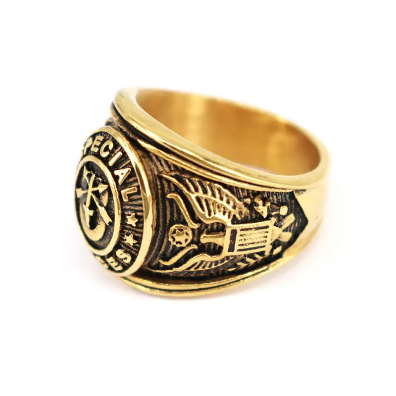 Anel de ouro com desenho de homem, anel militar de aço, anel de forças especiais de luxo com fundição personalizada