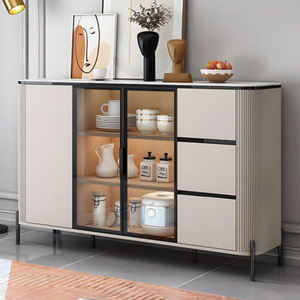 Credenza Moderna con Porte in Vetro Temperato, Gambe in Metallo Dorato, Piano in <span class=keywords><strong>Marmo</strong></span> Adesivo, Mobile Buffet in MDF per Sala da Pranzo e Soggiorno - Product Image 4