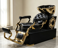 Chaise de lavage de cheveux inclinable de luxe rétro noir et or, très vendue, pour salon de coiffure, avec bac en céramique