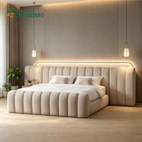 Vente en gros Lit Queen Size à profil bas avec tête de lit capitonnée beige et blanche, cadre en bois, taille personnalisée, pour mobilier de chambre