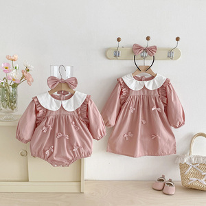 Nouvelle collection Automne-Printemps 2026 : Vêtements pour bébés filles, Barboteuse en coton à nœud et Robe de princesse à manches longues, Tenues assorties pour sœurs - Product Image 2