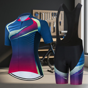 Kit de cyclisme pour femmes, maillot à manches courtes et short à bretelles avec design à rayures colorées pour la pratique du cyclisme sur route - Product Image 1