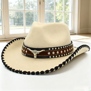 Chapeau de cowboy western unisexe vintage à large bord avec ornement tête de taureau et bordure en dentelle pour la pêche, les fêtes et le sport - Product Image 1
