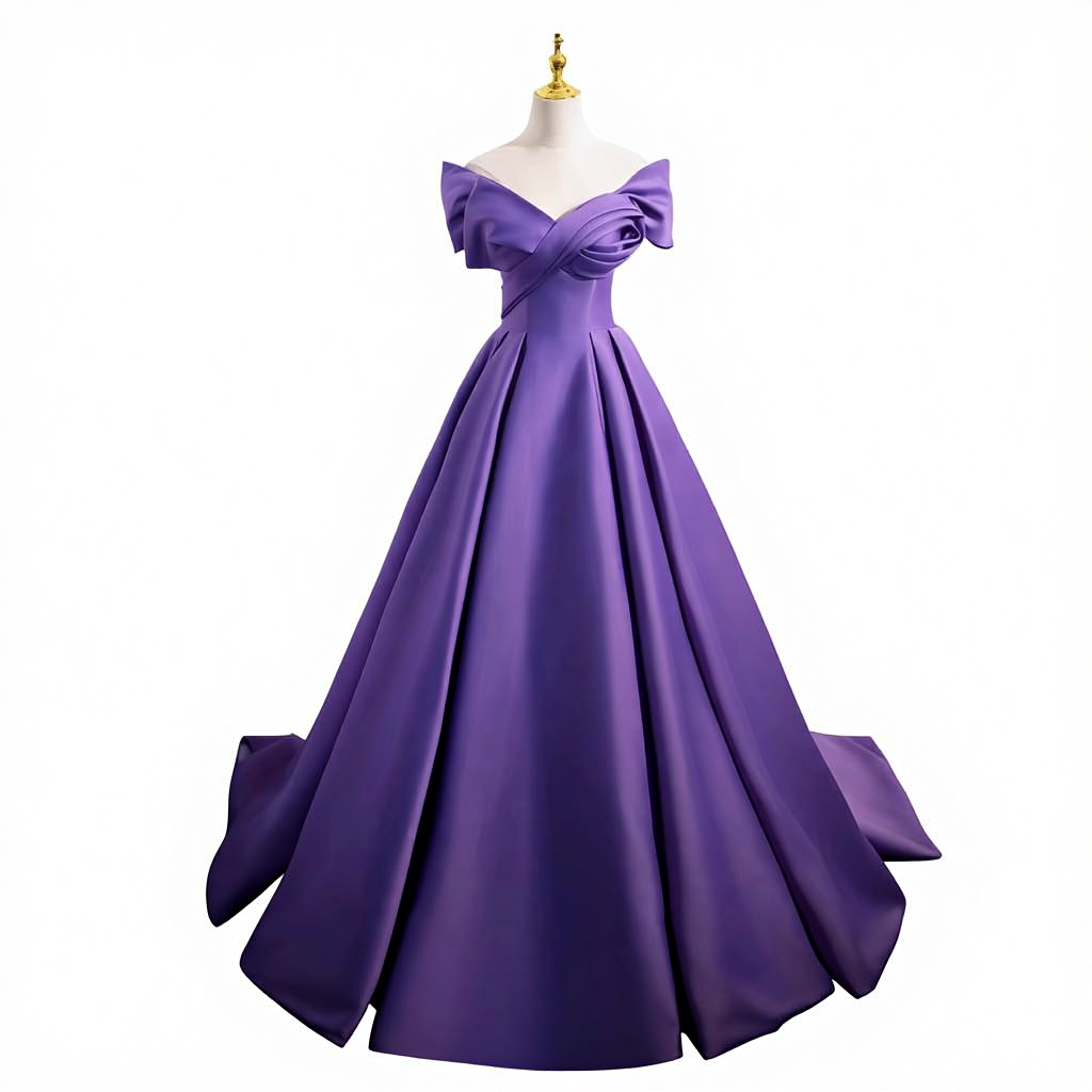 Purple Ball Gown Evening Dress  Floor-length Off-shoulder 100% Cotton With Crystal Applique