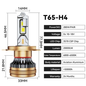 Ampoule de phare automobile <span class=keywords><strong>200W</strong></span> 20000LM 6000K H1 H3 H11 Canbus <span class=keywords><strong>H7</strong></span> 9005 9012 H4 IP68 Ajustement universel Feux antibrouillard <span class=keywords><strong>LED</strong></span> - Product Image 4