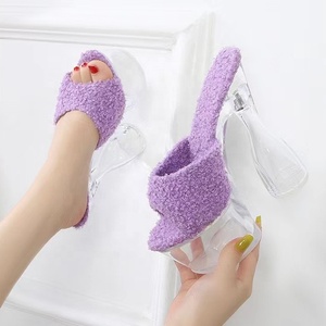 Crystal Thick High Heel Shoes Summer Sexy <b>Sandals</b> for Lady Outdoor Slides Slip-on Round Toe Soft Fur Slipper - Product Image 6