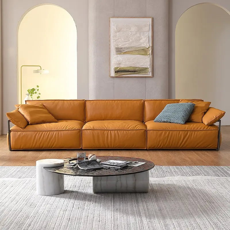 2023 Foshan Fabriek Directe Moderne Italiaanse Luxe Villa Sofa Set Licht Lederen Materiaal Multi-Person Voor Gebruik In De Woonkamer