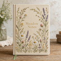 Carnet de notes en toile de lin LABON Meadow Notes avec broderie botanique, logo personnalisé et ensemble de papeterie pour le suivi des habitudes florales