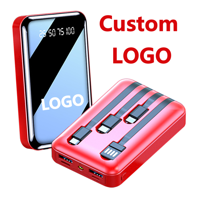 Custom Logo Power Banks 10000mAh With 4 Cables Portable Battery Charger for iPhone Android Mobile Battery Backup Power Bank Mini