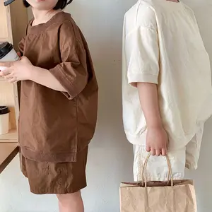 Yeni çocuk giysileri seti japon basit gevşek pamuklu çocuk kısa kollu şort takım elbise 2 adet