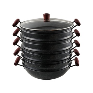 Casserole vapeur à 5 étages en acier au carbone pour la cuisine, 4 niveaux, 30 cm, grande casserole vapeur pour aliments avec poignées en bois et couvercle en verre - Product Image 5