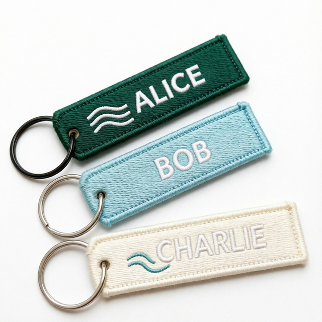 Personalized Name Embroidered Keychain, Custom Fabric Key Tag with Double Sided Woven Logo for Bags & Keys