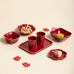 Ceramic Fruit Platter Porcelain Red Chinese New Year Wedding <b>Table</b> Decoration Simple Style - Product Image 2