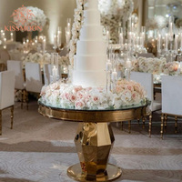 Table à gâteau ronde en acier inoxydable doré blanc, à facettes, sur piédestal, mobilier moderne de luxe pour cérémonies de mariage, location événementielle et usage commercial
