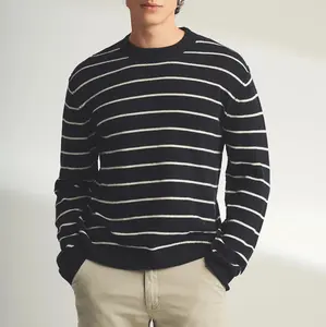 Custom Casual Loose Striped Knit Sweater Crew Neck Long Sleeve Men's Wool Blend Sweater