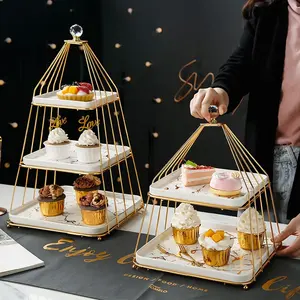 Dessert Display Stand Cake Decorating Eten Dessert Drie Tier Marmeren Keramische Plaat Cake Stand Voor Verjaardag Wedding Party