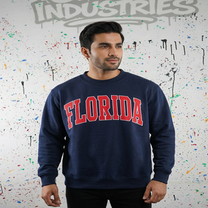 CLUSH SPORTS Florida <b>Navy</b> Blue Hooded Half Zip 100% Cotton Applique Embroidery Winter Sweatshirt Digital Oversized Fit Velour - Product Image 1