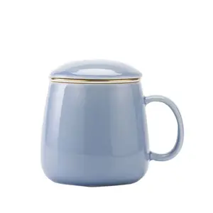 定制颜色金色边缘釉面茶分离杯陶瓷盖过滤器浸泡器办公杯套