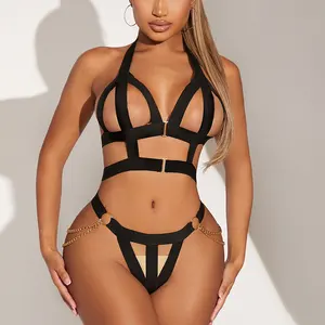 New High Elastic Webbing Harness Chain Decor Bandage Sexy Lingerie Set Strap Metal Chain Women Erotic See Through Underwear Sets